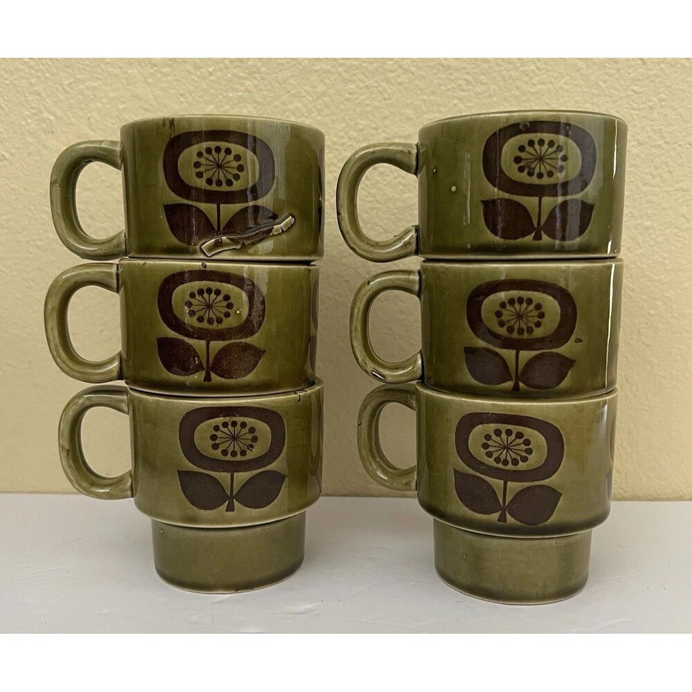 Vtg Retro Stackable Avocado Green Floral Ceramic Mugs Lot of 6 Japan READ